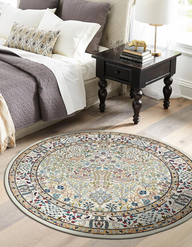 Ivory 5' 3 x 5' 3 Narenj Round Area Rug 85% Polypropylene & 15% Polyester Traditional Classic Carpet for Living, Dining, Bedrooms, Office for Sale at Rug Engine