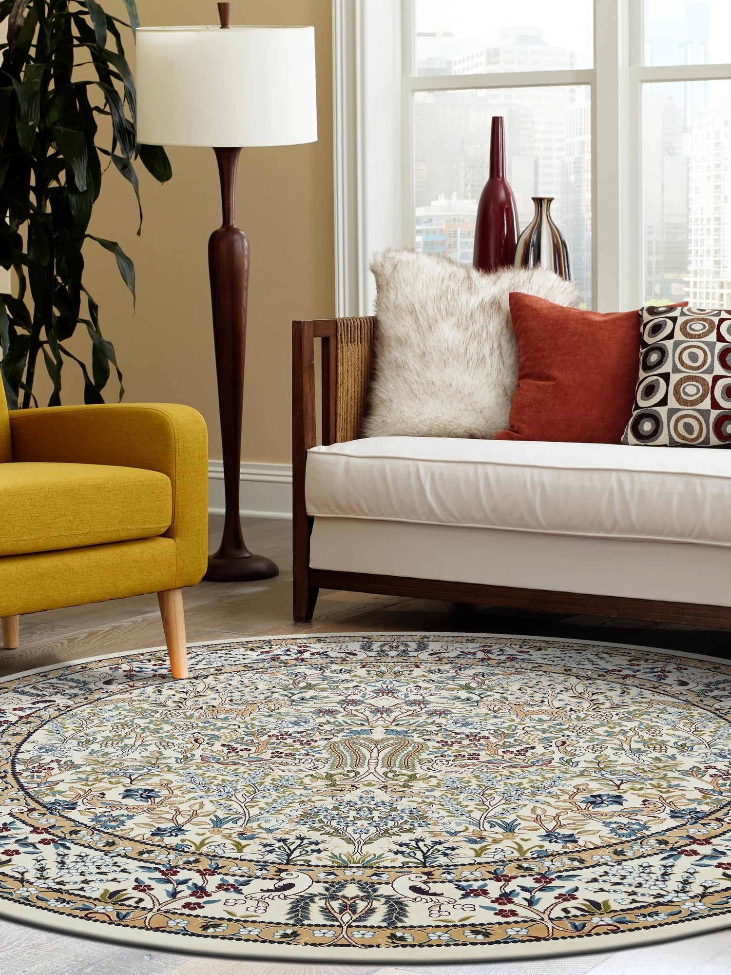 Ivory 10' x 10' Narenj Round Area Rug 85% Polypropylene & 15% Polyester Traditional Classic Carpet for Living, Dining, Bedrooms, Office for Sale at Rug Engine