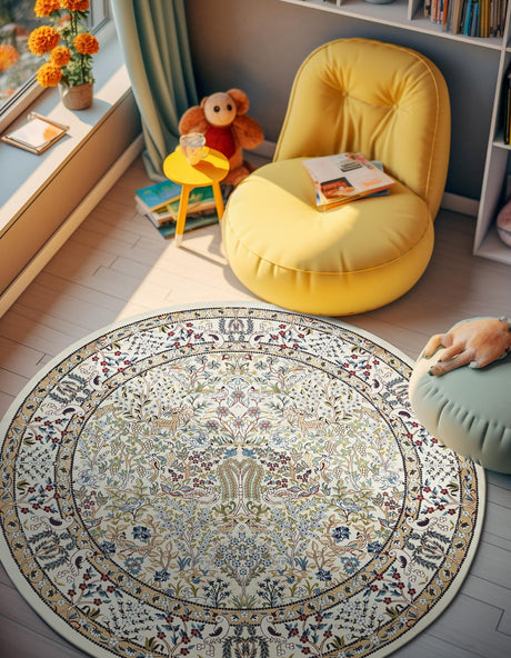 Ivory 5' 3 x 5' 3 Narenj Round Area Rug 85% Polypropylene & 15% Polyester Traditional Classic Carpet for Living, Dining, Bedrooms, Office for Sale at Rug Engine