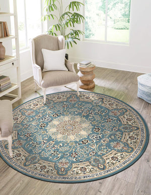 Blue 5' 3 x 5' 3 Narenj Round Area Rug 85% Polypropylene & 15% Polyester Traditional Classic Carpet for Living, Dining, Bedrooms, Office for Sale at Rug Engine