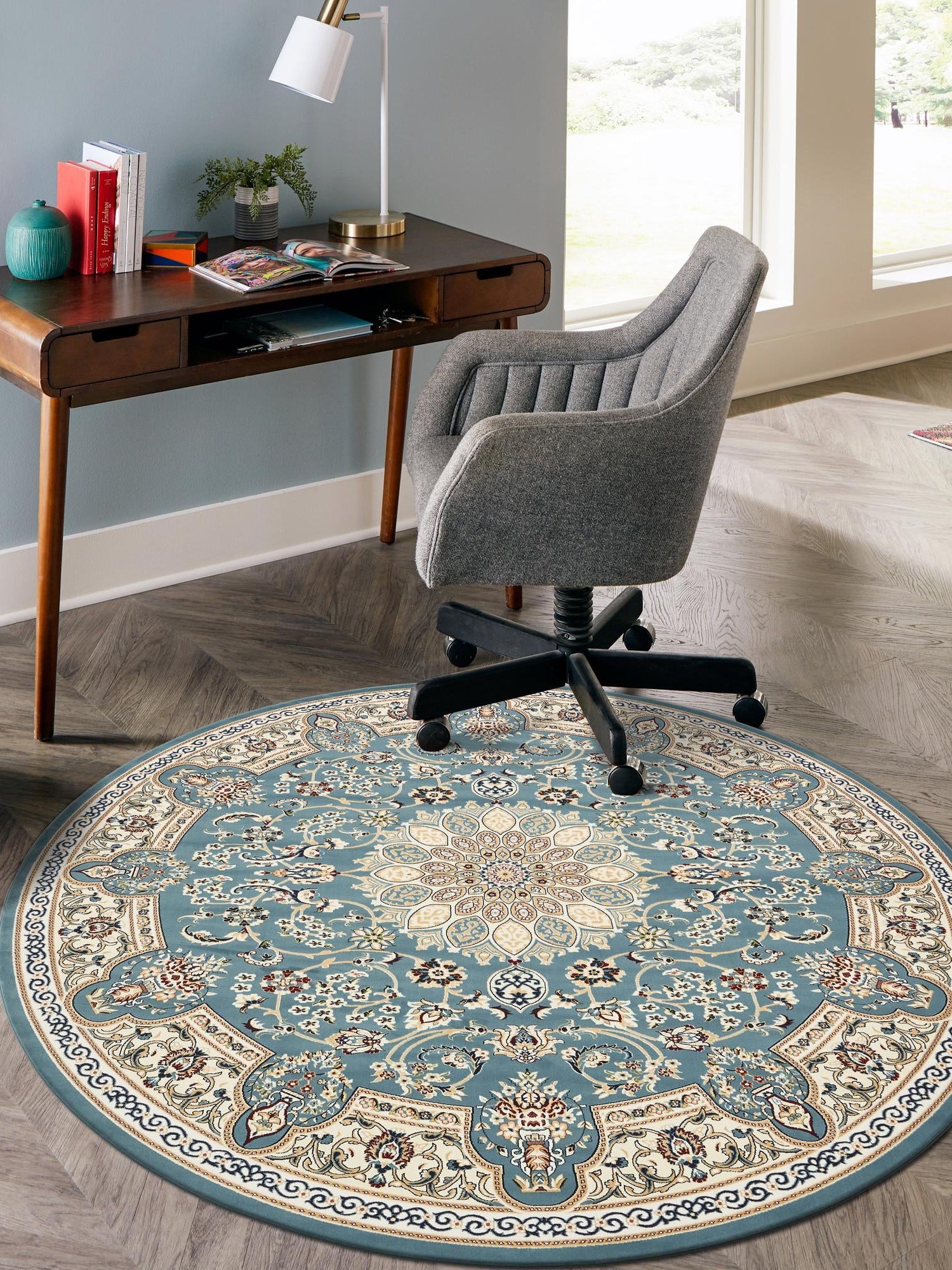 Blue 5' 3 x 5' 3 Narenj Round Area Rug 85% Polypropylene & 15% Polyester Traditional Classic Carpet for Living, Dining, Bedrooms, Office for Sale at Rug Engine