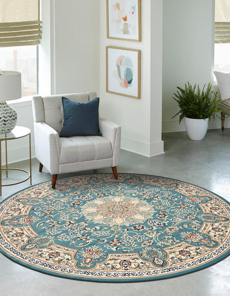 Blue 10' x 10' Narenj Round Area Rug 85% Polypropylene & 15% Polyester Traditional Classic Carpet for Living, Dining, Bedrooms, Office for Sale at Rug Engine