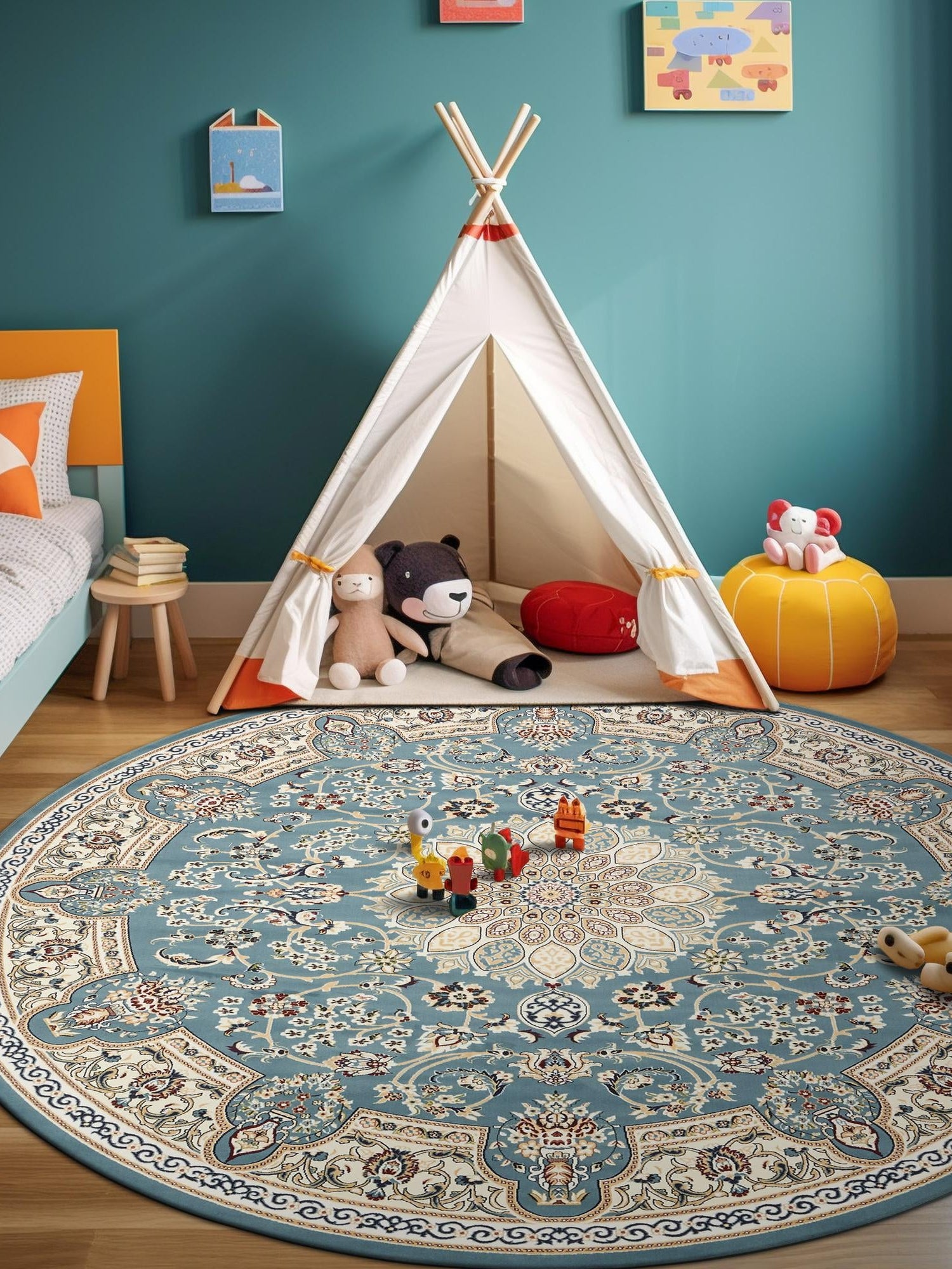 Blue 5' 3 x 5' 3 Narenj Round Area Rug 85% Polypropylene & 15% Polyester Traditional Classic Carpet for Living, Dining, Bedrooms, Office for Sale at Rug Engine