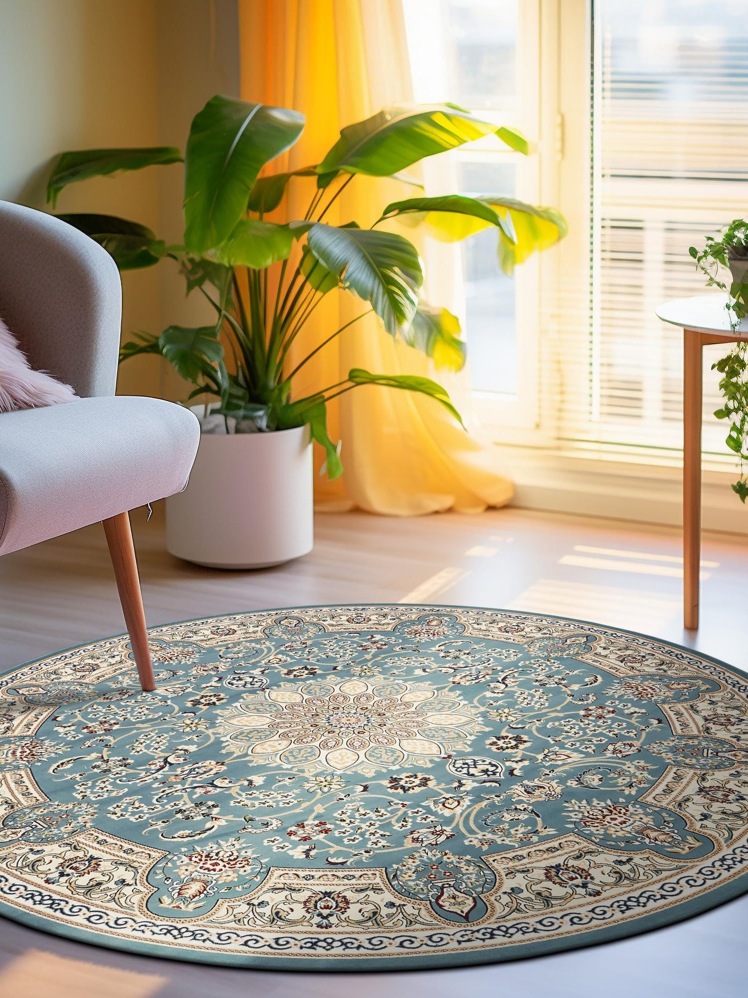 Blue 5' 3 x 5' 3 Narenj Round Area Rug 85% Polypropylene & 15% Polyester Traditional Classic Carpet for Living, Dining, Bedrooms, Office for Sale at Rug Engine