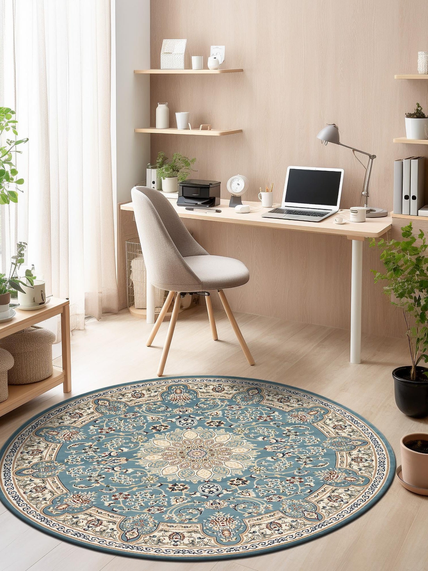 Blue 5' 3 x 5' 3 Narenj Round Area Rug 85% Polypropylene & 15% Polyester Traditional Classic Carpet for Living, Dining, Bedrooms, Office for Sale at Rug Engine