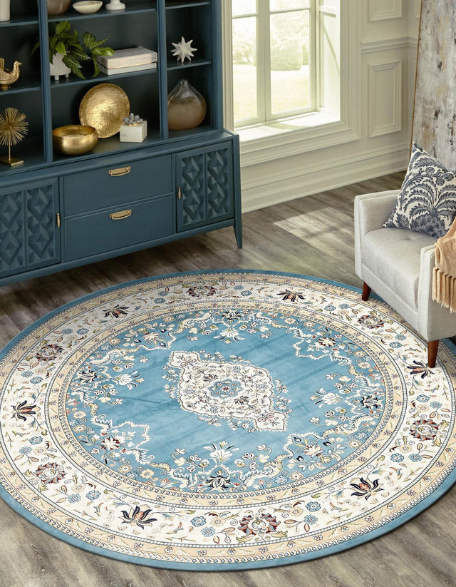 Blue 5' 3 x 5' 3 Narenj Round Area Rug 85% Polypropylene & 15% Polyester Traditional Classic Carpet for Living, Dining, Bedrooms, Office for Sale at Rug Engine