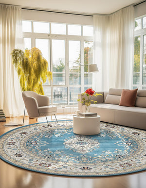Blue 5' 3 x 5' 3 Narenj Round Area Rug 85% Polypropylene & 15% Polyester Traditional Classic Carpet for Living, Dining, Bedrooms, Office for Sale at Rug Engine