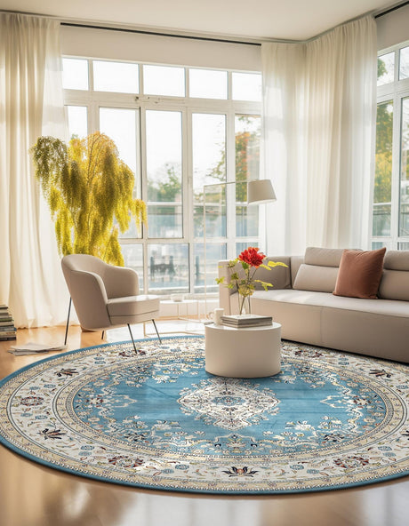 Blue 10' x 10' Narenj Round Area Rug 85% Polypropylene & 15% Polyester Traditional Classic Carpet for Living, Dining, Bedrooms, Office for Sale at Rug Engine