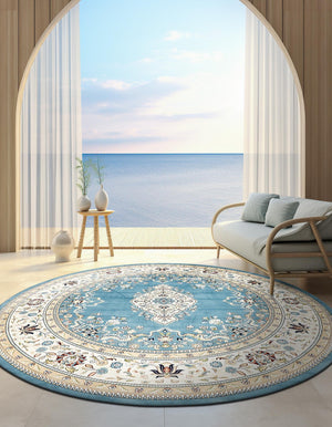 Blue 5' 3 x 5' 3 Narenj Round Area Rug 85% Polypropylene & 15% Polyester Traditional Classic Carpet for Living, Dining, Bedrooms, Office for Sale at Rug Engine