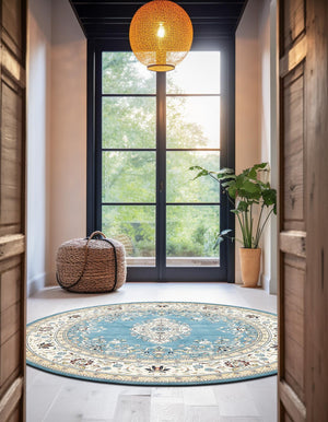 Blue 10' x 10' Narenj Round Area Rug 85% Polypropylene & 15% Polyester Traditional Classic Carpet for Living, Dining, Bedrooms, Office for Sale at Rug Engine