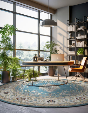 Blue 5' 3 x 5' 3 Narenj Round Area Rug 85% Polypropylene & 15% Polyester Traditional Classic Carpet for Living, Dining, Bedrooms, Office for Sale at Rug Engine
