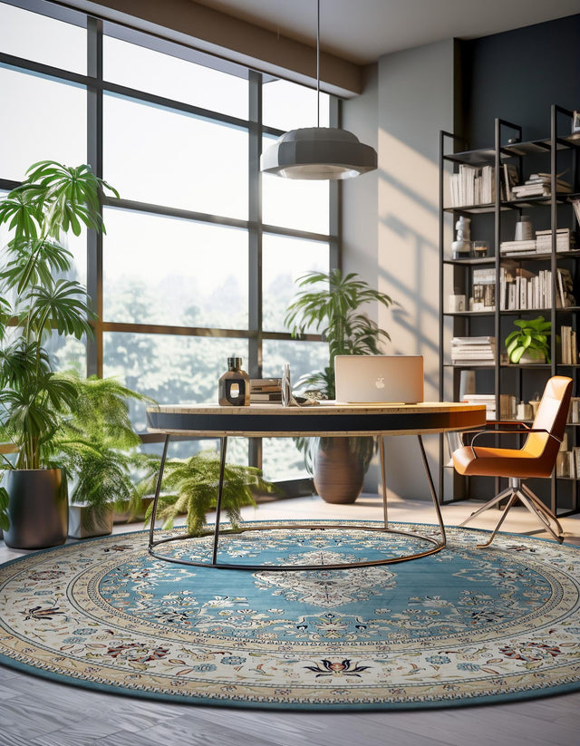 Blue 5' 3 x 5' 3 Narenj Round Area Rug 85% Polypropylene & 15% Polyester Traditional Classic Carpet for Living, Dining, Bedrooms, Office for Sale at Rug Engine