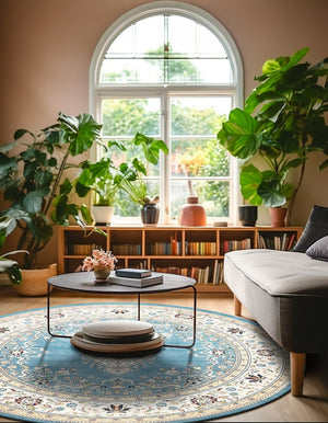 Blue 10' x 10' Narenj Round Area Rug 85% Polypropylene & 15% Polyester Traditional Classic Carpet for Living, Dining, Bedrooms, Office for Sale at Rug Engine