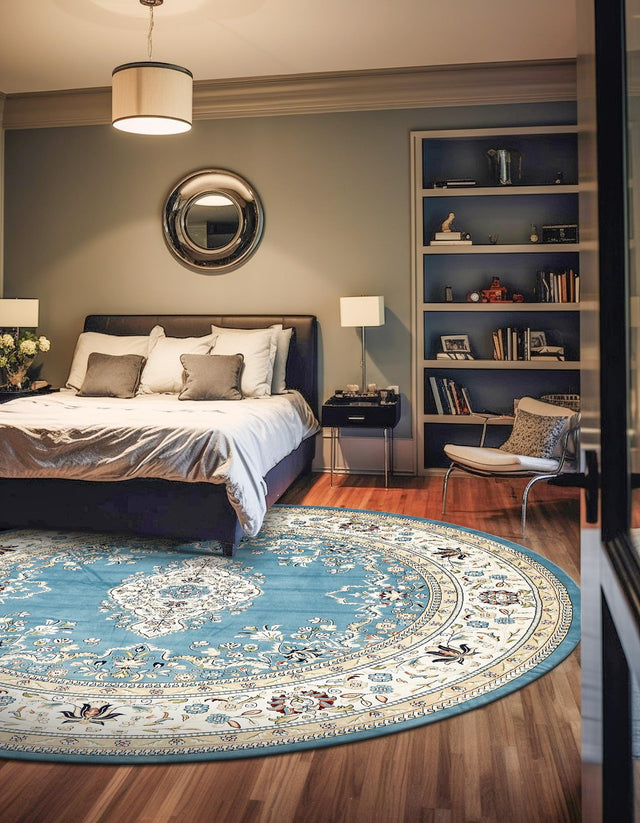 Blue 10' x 10' Narenj Round Area Rug 85% Polypropylene & 15% Polyester Traditional Classic Carpet for Living, Dining, Bedrooms, Office for Sale at Rug Engine