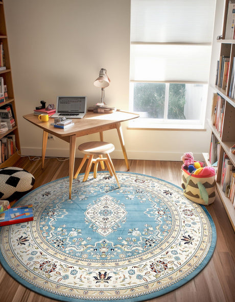 Blue 10' x 10' Narenj Round Area Rug 85% Polypropylene & 15% Polyester Traditional Classic Carpet for Living, Dining, Bedrooms, Office for Sale at Rug Engine