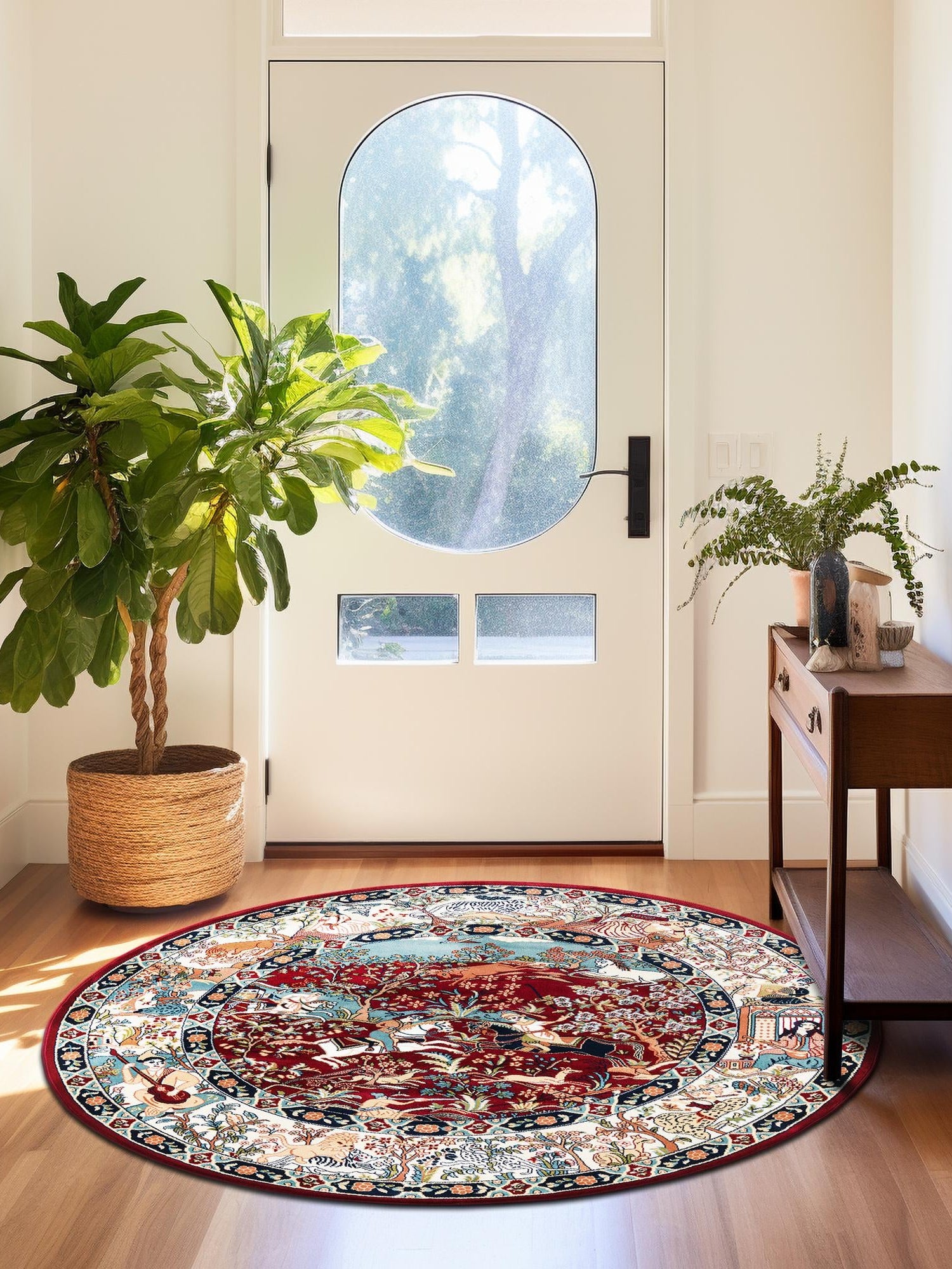 Burgundy 5' 3 x 5' 3 Narenj Round Area Rug 85% Polypropylene & 15% Polyester Traditional Classic Carpet for Living, Dining, Bedrooms, Office for Sale at Rug Engine