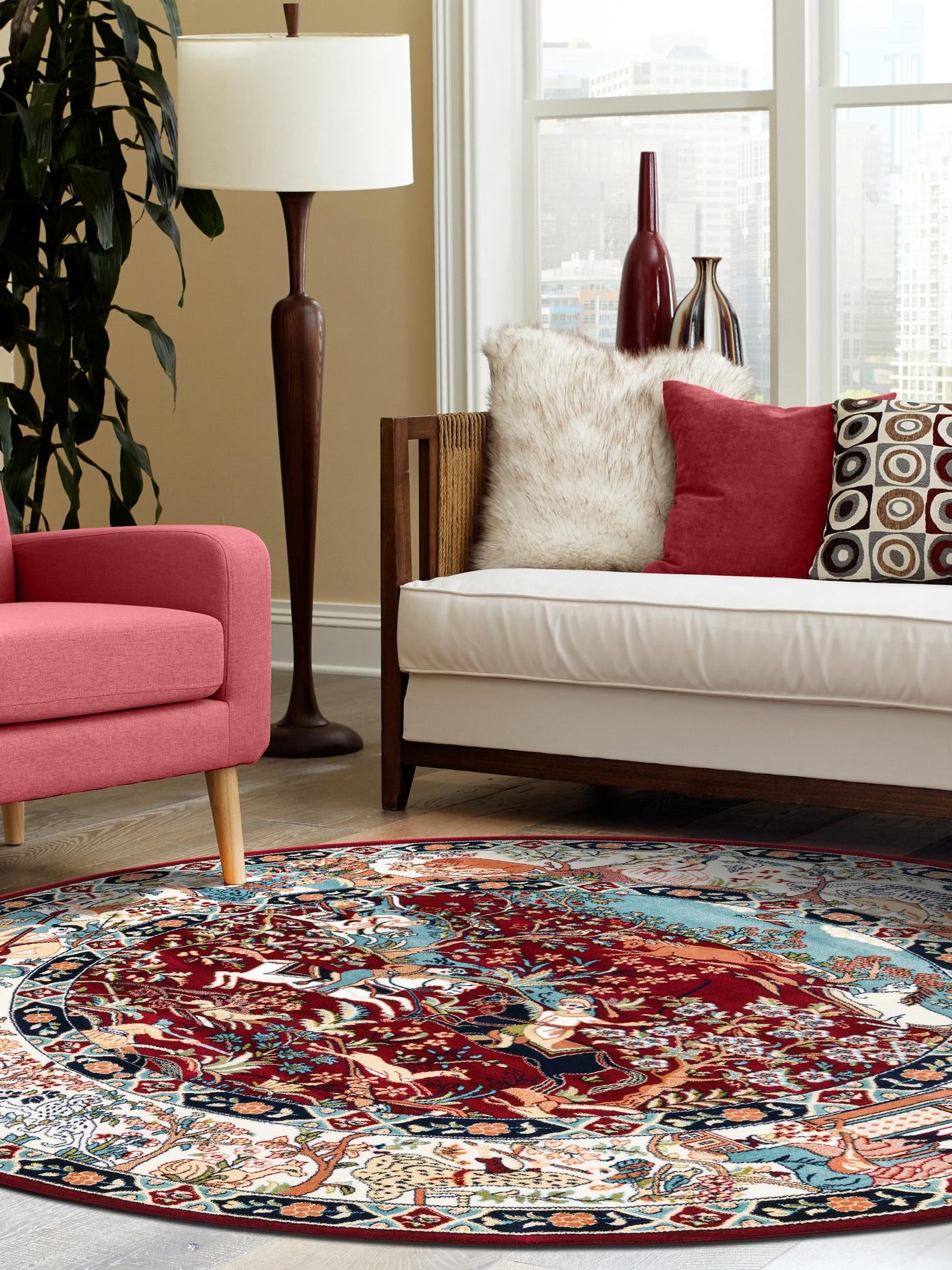Burgundy 5' 3 x 5' 3 Narenj Round Area Rug 85% Polypropylene & 15% Polyester Traditional Classic Carpet for Living, Dining, Bedrooms, Office for Sale at Rug Engine