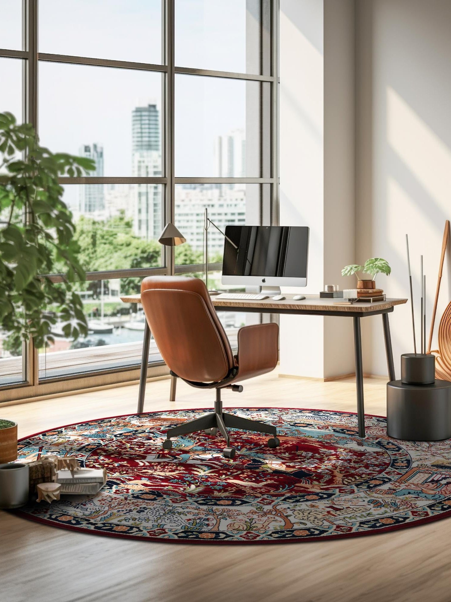 Burgundy 5' 3 x 5' 3 Narenj Round Area Rug 85% Polypropylene & 15% Polyester Traditional Classic Carpet for Living, Dining, Bedrooms, Office for Sale at Rug Engine