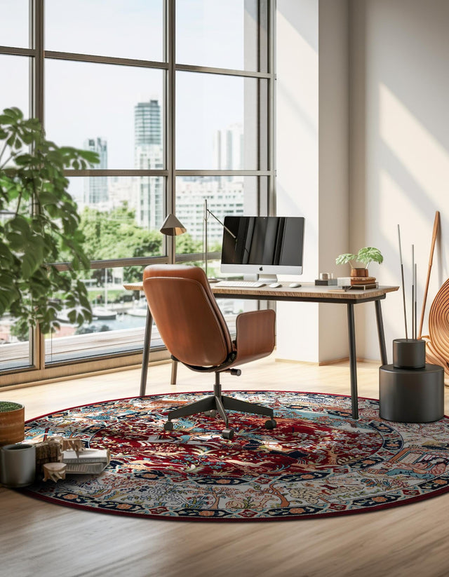 Burgundy 5' 3 x 5' 3 Narenj Round Area Rug 85% Polypropylene & 15% Polyester Traditional Classic Carpet for Living, Dining, Bedrooms, Office for Sale at Rug Engine