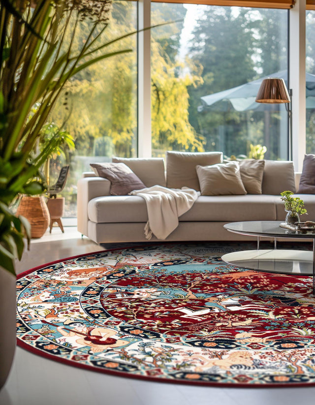 Burgundy 10' x 10' Narenj Round Area Rug 85% Polypropylene & 15% Polyester Traditional Classic Carpet for Living, Dining, Bedrooms, Office for Sale at Rug Engine