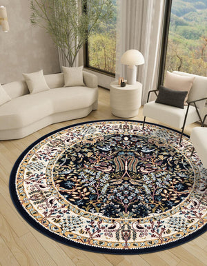 Navy Blue 10' x 10' Narenj Round Area Rug 85% Polypropylene & 15% Polyester Traditional Classic Carpet for Living, Dining, Bedrooms, Office for Sale at Rug Engine