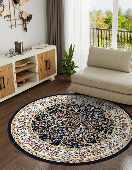 Navy Blue 5' 3 x 5' 3 Narenj Round Area Rug 85% Polypropylene & 15% Polyester Traditional Classic Carpet for Living, Dining, Bedrooms, Office for Sale at Rug Engine