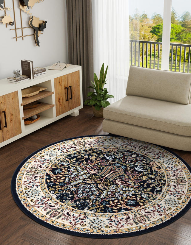 Navy Blue 5' 3 x 5' 3 Narenj Round Area Rug 85% Polypropylene & 15% Polyester Traditional Classic Carpet for Living, Dining, Bedrooms, Office for Sale at Rug Engine