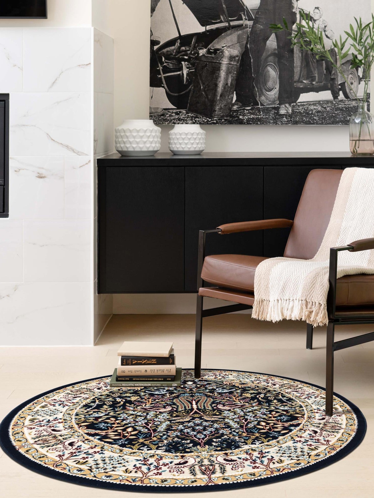 Navy Blue 10' x 10' Narenj Round Area Rug 85% Polypropylene & 15% Polyester Traditional Classic Carpet for Living, Dining, Bedrooms, Office for Sale at Rug Engine