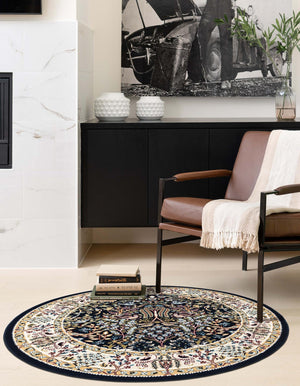 Navy Blue 10' x 10' Narenj Round Area Rug 85% Polypropylene & 15% Polyester Traditional Classic Carpet for Living, Dining, Bedrooms, Office for Sale at Rug Engine