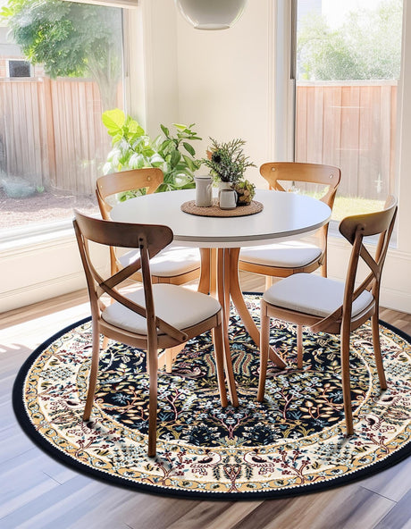 Navy Blue 5' 3 x 5' 3 Narenj Round Area Rug 85% Polypropylene & 15% Polyester Traditional Classic Carpet for Living, Dining, Bedrooms, Office for Sale at Rug Engine