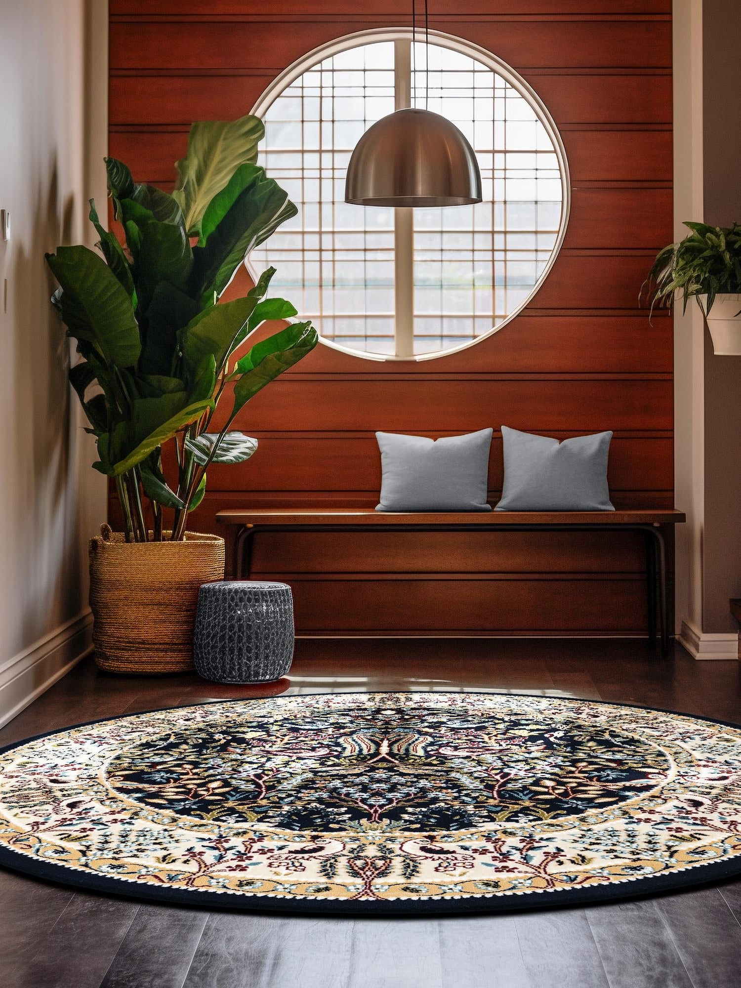 Navy Blue 10' x 10' Narenj Round Area Rug 85% Polypropylene & 15% Polyester Traditional Classic Carpet for Living, Dining, Bedrooms, Office for Sale at Rug Engine