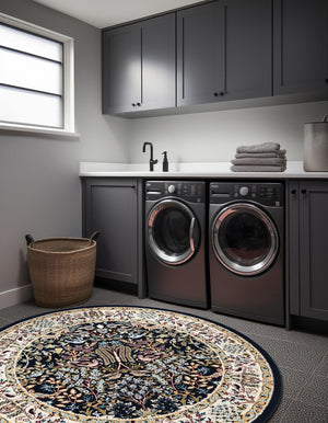 Navy Blue 5' 3 x 5' 3 Narenj Round Area Rug 85% Polypropylene & 15% Polyester Traditional Classic Carpet for Living, Dining, Bedrooms, Office for Sale at Rug Engine