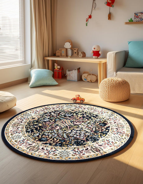 Navy Blue 5' 3 x 5' 3 Narenj Round Area Rug 85% Polypropylene & 15% Polyester Traditional Classic Carpet for Living, Dining, Bedrooms, Office for Sale at Rug Engine