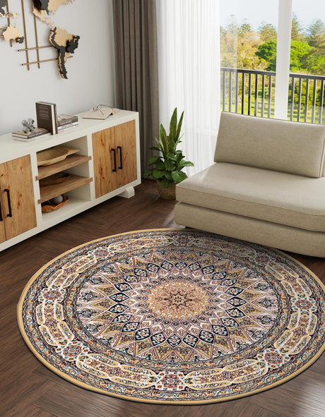 Beige 5' 3 x 5' 3 Narenj Round Area Rug 85% Polypropylene & 15% Polyester Traditional Classic Carpet for Living, Dining, Bedrooms, Office for Sale at Rug Engine