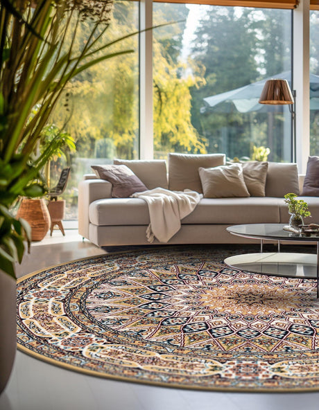 Beige 10' x 10' Narenj Round Area Rug 85% Polypropylene & 15% Polyester Traditional Classic Carpet for Living, Dining, Bedrooms, Office for Sale at Rug Engine