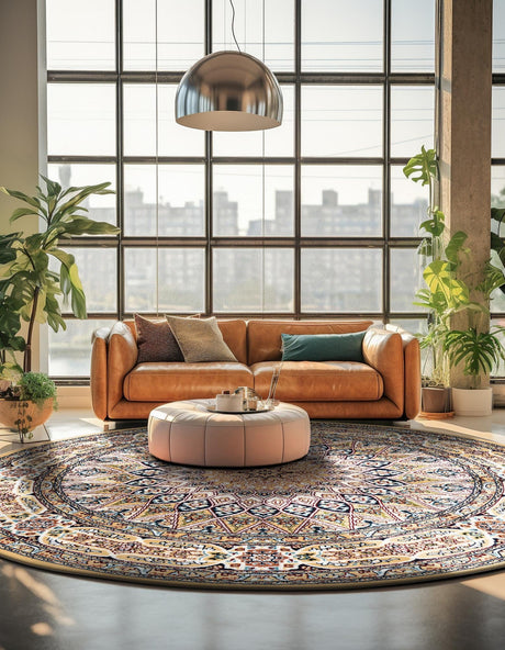 Beige 10' x 10' Narenj Round Area Rug 85% Polypropylene & 15% Polyester Traditional Classic Carpet for Living, Dining, Bedrooms, Office for Sale at Rug Engine