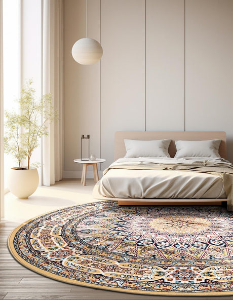 Beige 10' x 10' Narenj Round Area Rug 85% Polypropylene & 15% Polyester Traditional Classic Carpet for Living, Dining, Bedrooms, Office for Sale at Rug Engine