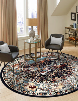 Navy Blue 5' 3 x 5' 3 Narenj Round Area Rug 85% Polypropylene & 15% Polyester Traditional Classic Carpet for Living, Dining, Bedrooms, Office for Sale at Rug Engine