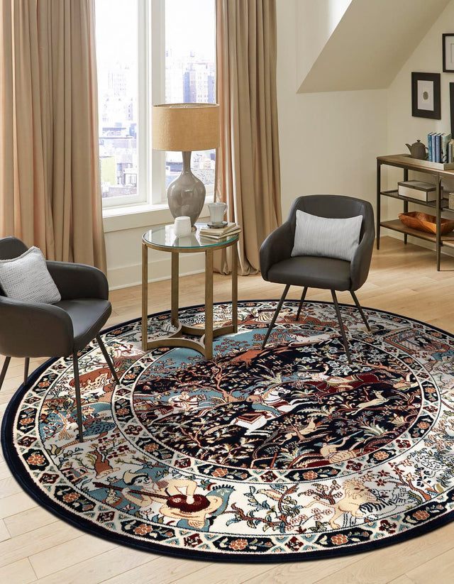 Navy Blue 5' 3 x 5' 3 Narenj Round Area Rug 85% Polypropylene & 15% Polyester Traditional Classic Carpet for Living, Dining, Bedrooms, Office for Sale at Rug Engine
