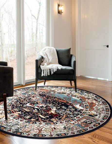 Navy Blue 5' 3 x 5' 3 Narenj Round Area Rug 85% Polypropylene & 15% Polyester Traditional Classic Carpet for Living, Dining, Bedrooms, Office for Sale at Rug Engine