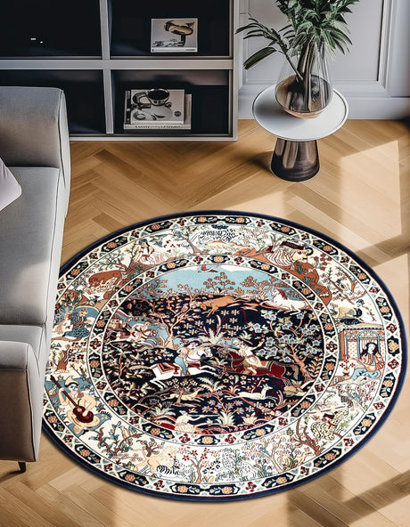 Navy Blue 5' 3 x 5' 3 Narenj Round Area Rug 85% Polypropylene & 15% Polyester Traditional Classic Carpet for Living, Dining, Bedrooms, Office for Sale at Rug Engine