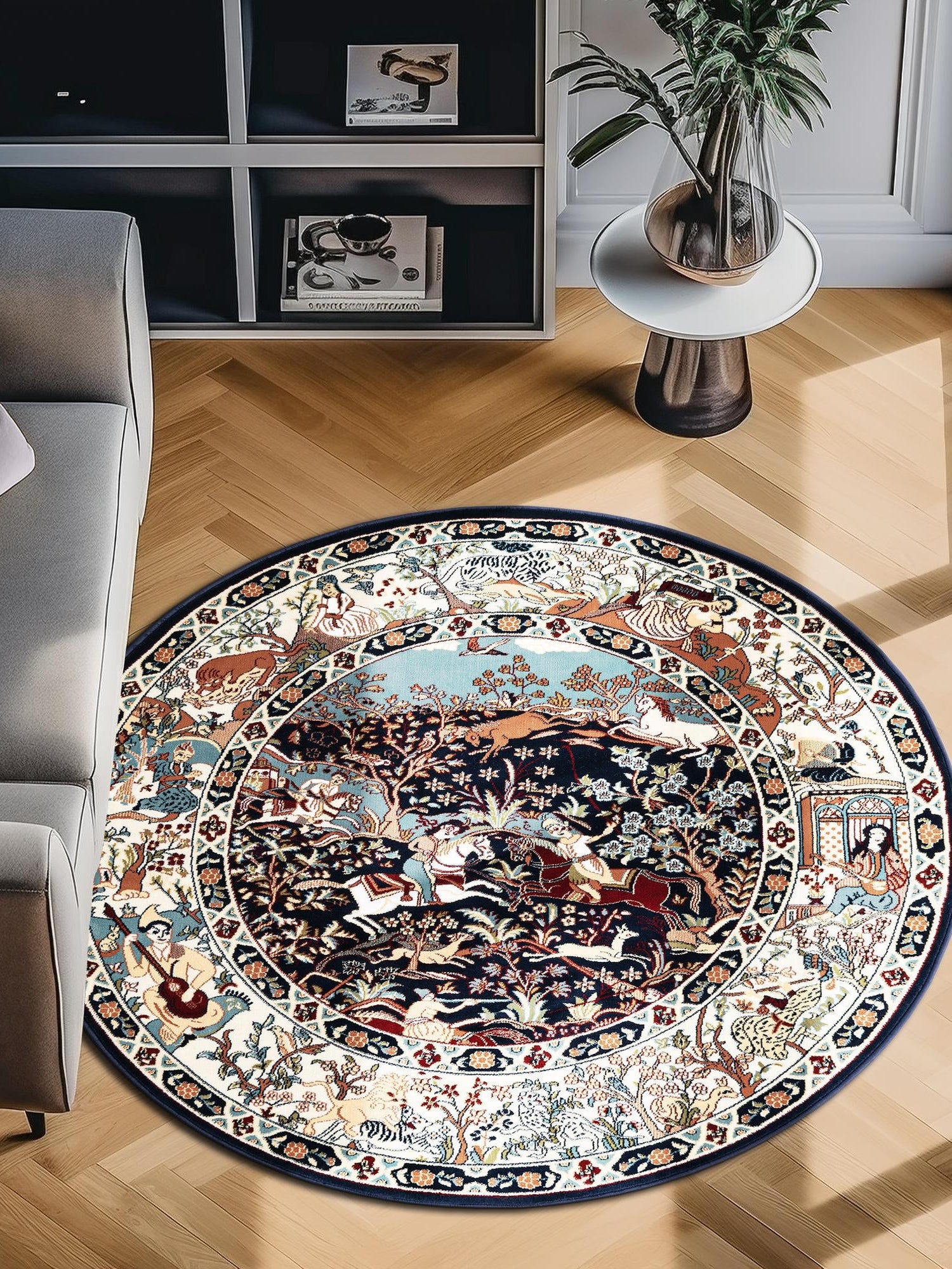 Navy Blue 10' x 10' Narenj Round Area Rug 85% Polypropylene & 15% Polyester Traditional Classic Carpet for Living, Dining, Bedrooms, Office for Sale at Rug Engine