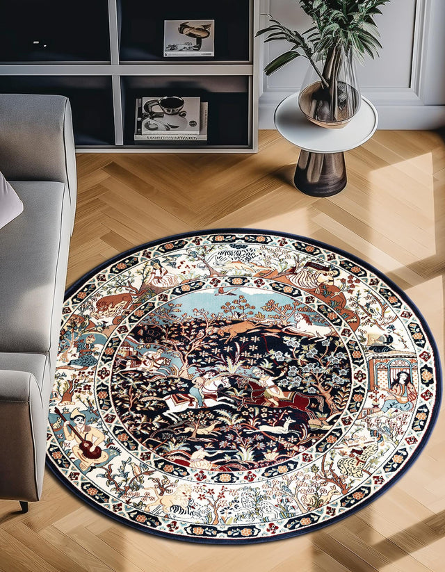 Navy Blue 10' x 10' Narenj Round Area Rug 85% Polypropylene & 15% Polyester Traditional Classic Carpet for Living, Dining, Bedrooms, Office for Sale at Rug Engine