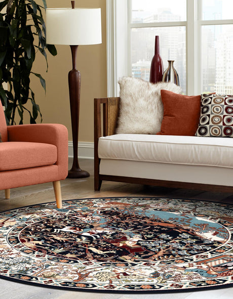 Navy Blue 5' 3 x 5' 3 Narenj Round Area Rug 85% Polypropylene & 15% Polyester Traditional Classic Carpet for Living, Dining, Bedrooms, Office for Sale at Rug Engine