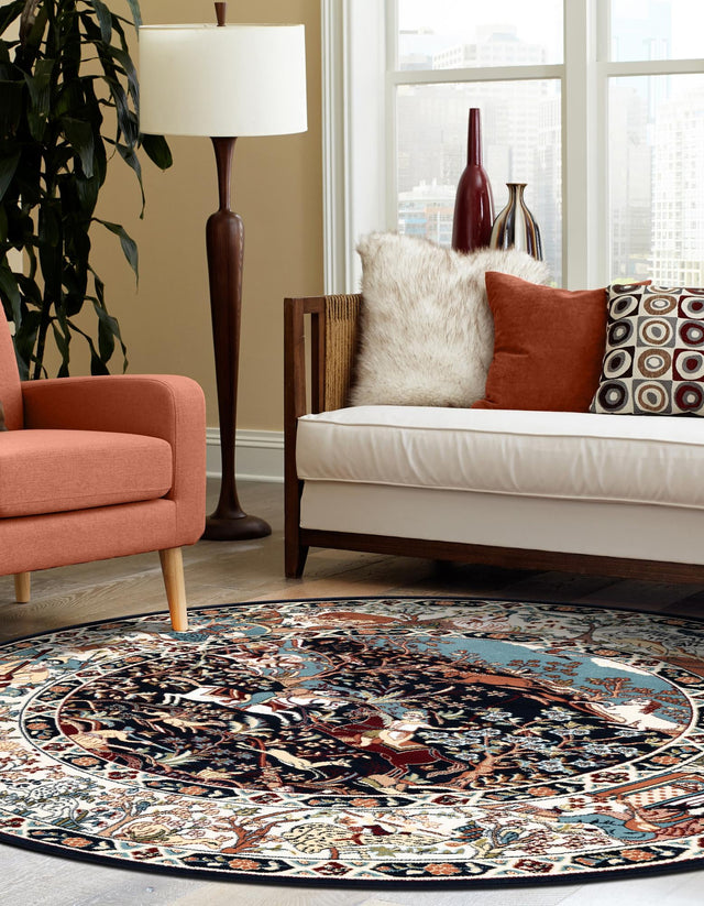 Navy Blue 5' 3 x 5' 3 Narenj Round Area Rug 85% Polypropylene & 15% Polyester Traditional Classic Carpet for Living, Dining, Bedrooms, Office for Sale at Rug Engine