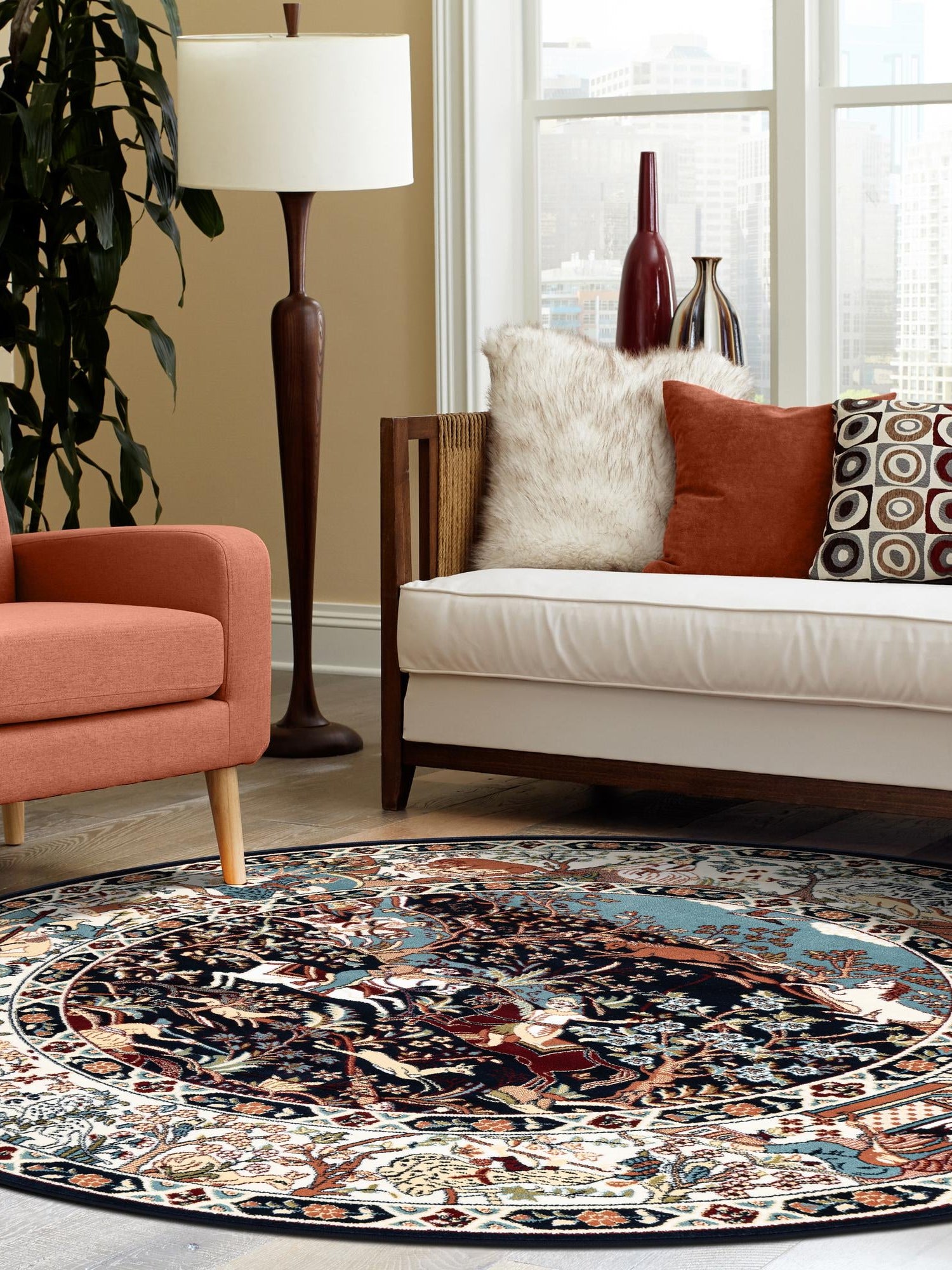 Navy Blue 10' x 10' Narenj Round Area Rug 85% Polypropylene & 15% Polyester Traditional Classic Carpet for Living, Dining, Bedrooms, Office for Sale at Rug Engine
