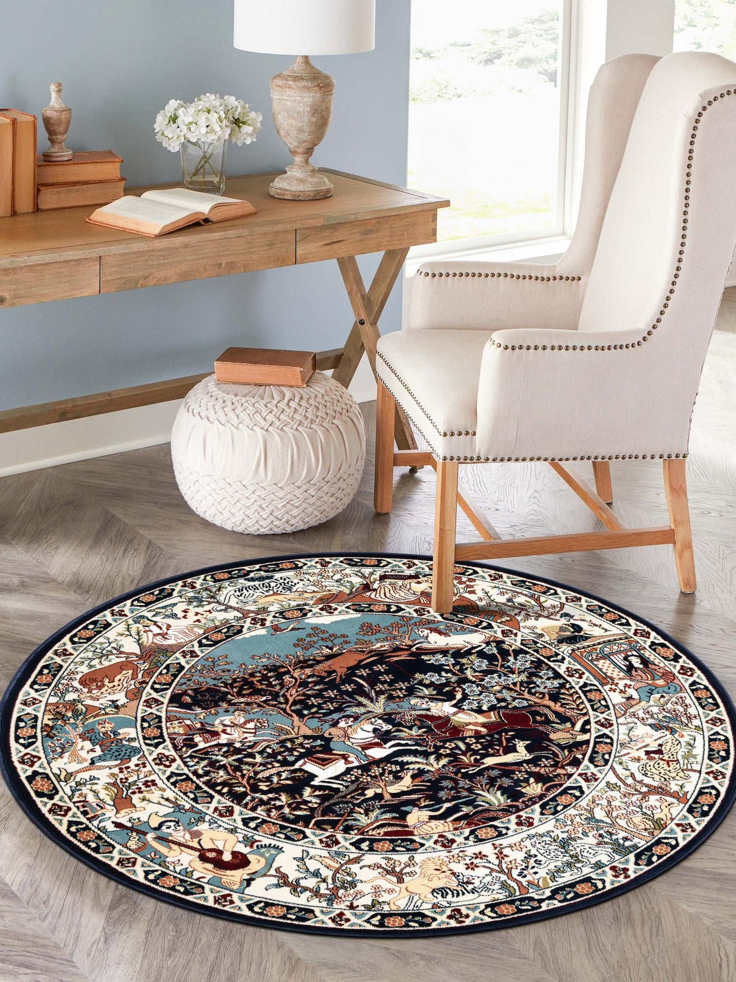 Navy Blue 10' x 10' Narenj Round Area Rug 85% Polypropylene & 15% Polyester Traditional Classic Carpet for Living, Dining, Bedrooms, Office for Sale at Rug Engine
