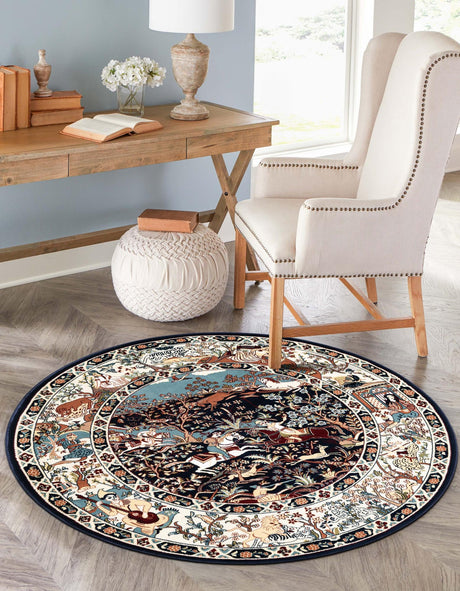 Navy Blue 10' x 10' Narenj Round Area Rug 85% Polypropylene & 15% Polyester Traditional Classic Carpet for Living, Dining, Bedrooms, Office for Sale at Rug Engine