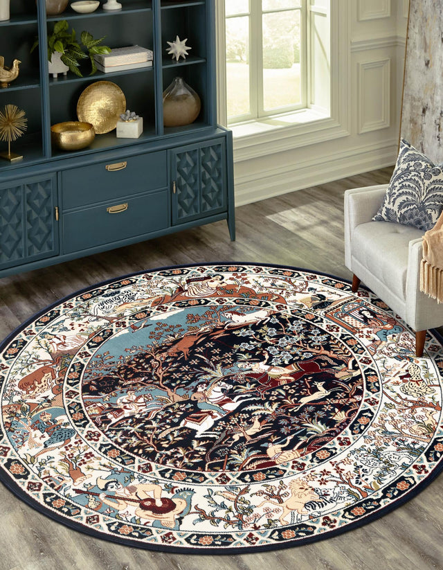 Navy Blue 5' 3 x 5' 3 Narenj Round Area Rug 85% Polypropylene & 15% Polyester Traditional Classic Carpet for Living, Dining, Bedrooms, Office for Sale at Rug Engine