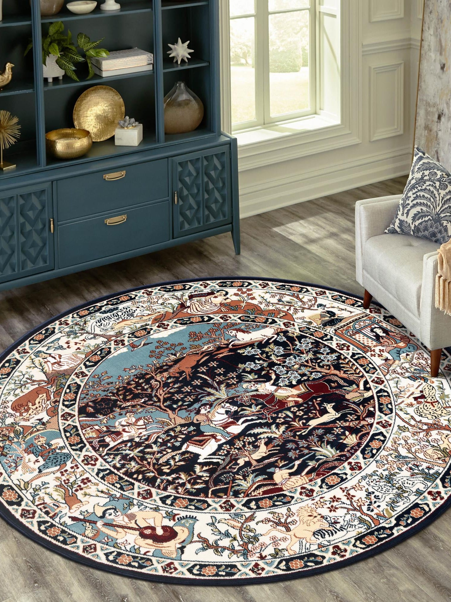 Navy Blue 10' x 10' Narenj Round Area Rug 85% Polypropylene & 15% Polyester Traditional Classic Carpet for Living, Dining, Bedrooms, Office for Sale at Rug Engine